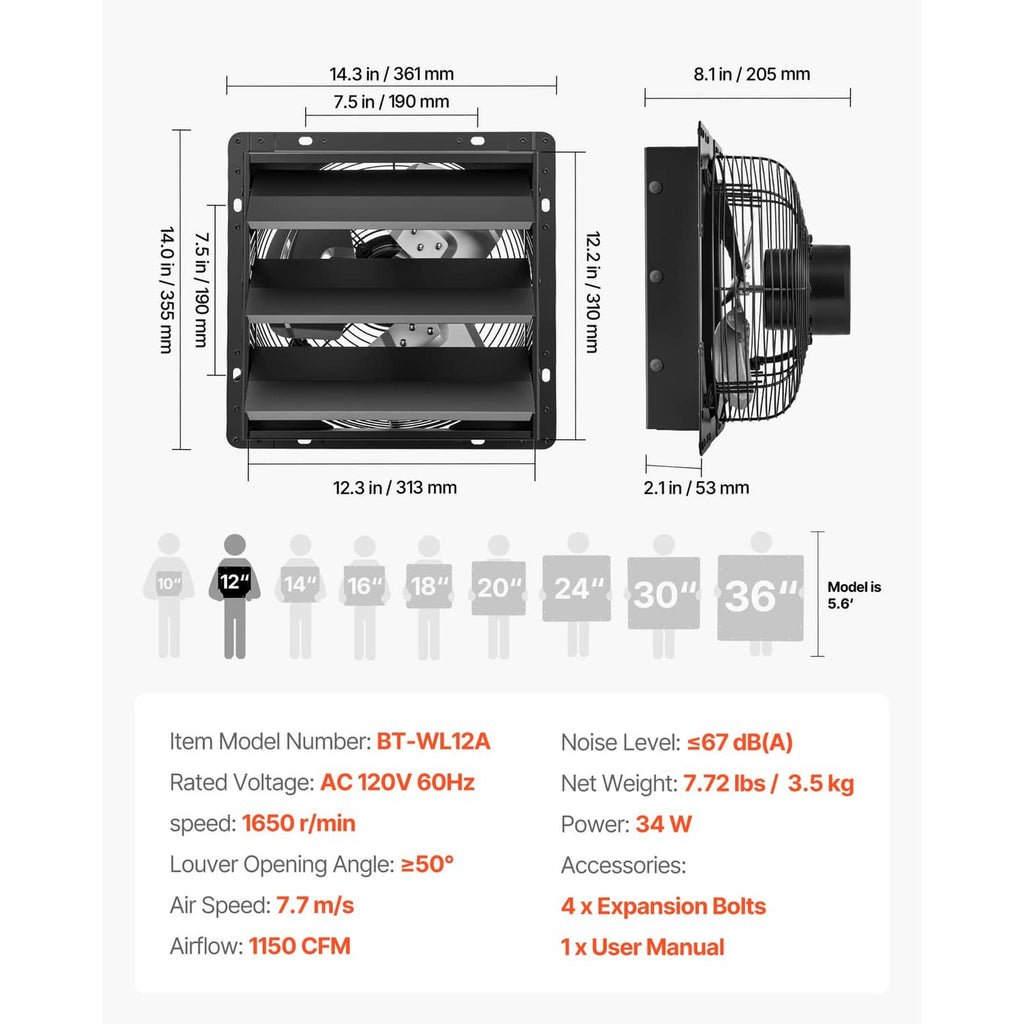 Wall-mounted exhaust fan size diagram with louvers, grille, and mounting dimensions