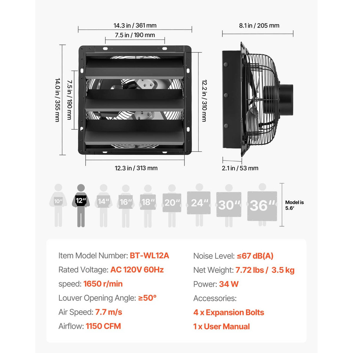 Wall-mounted exhaust fan size diagram with louvers, grille, and mounting dimensions