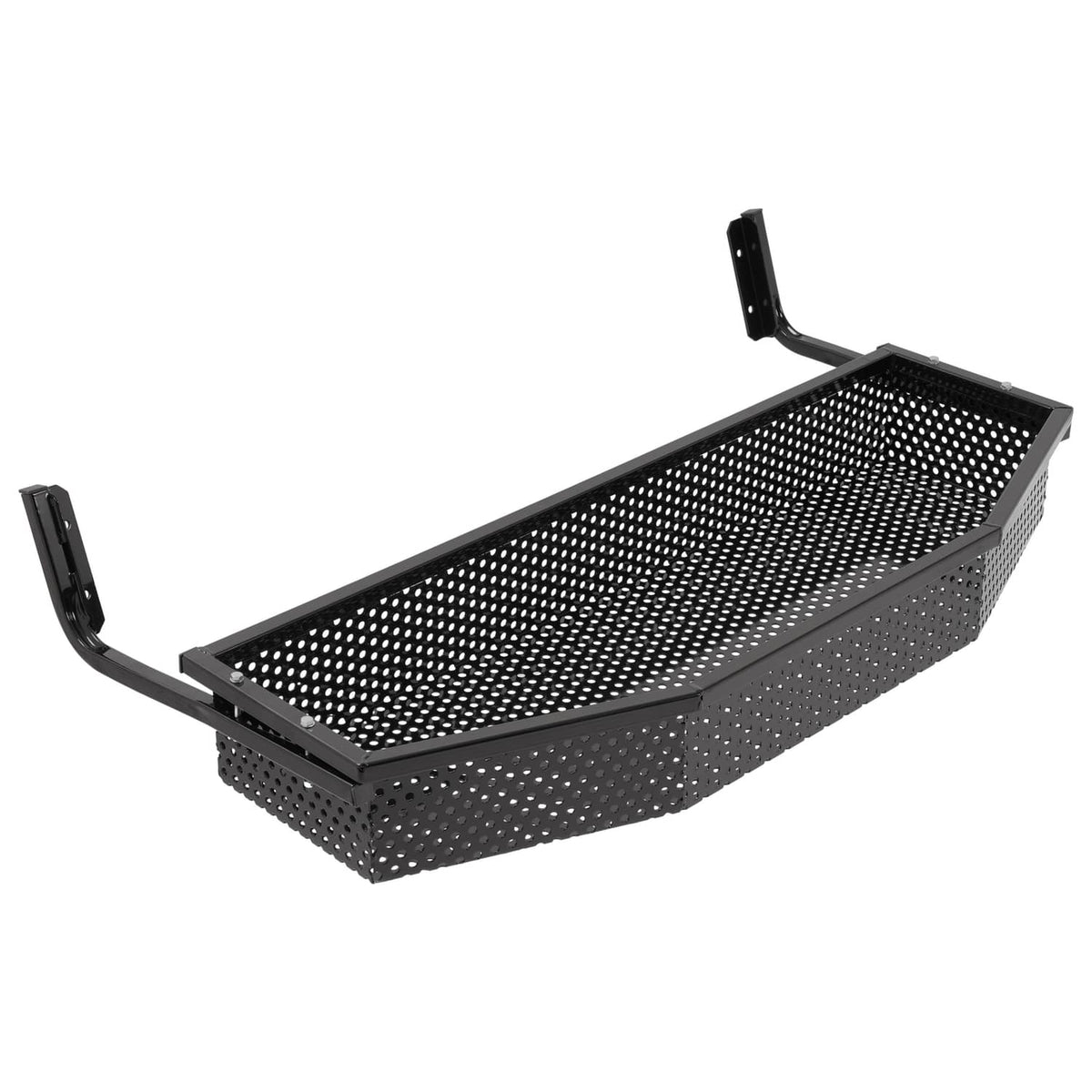Black perforated cargo basket with curved rim and mounting brackets