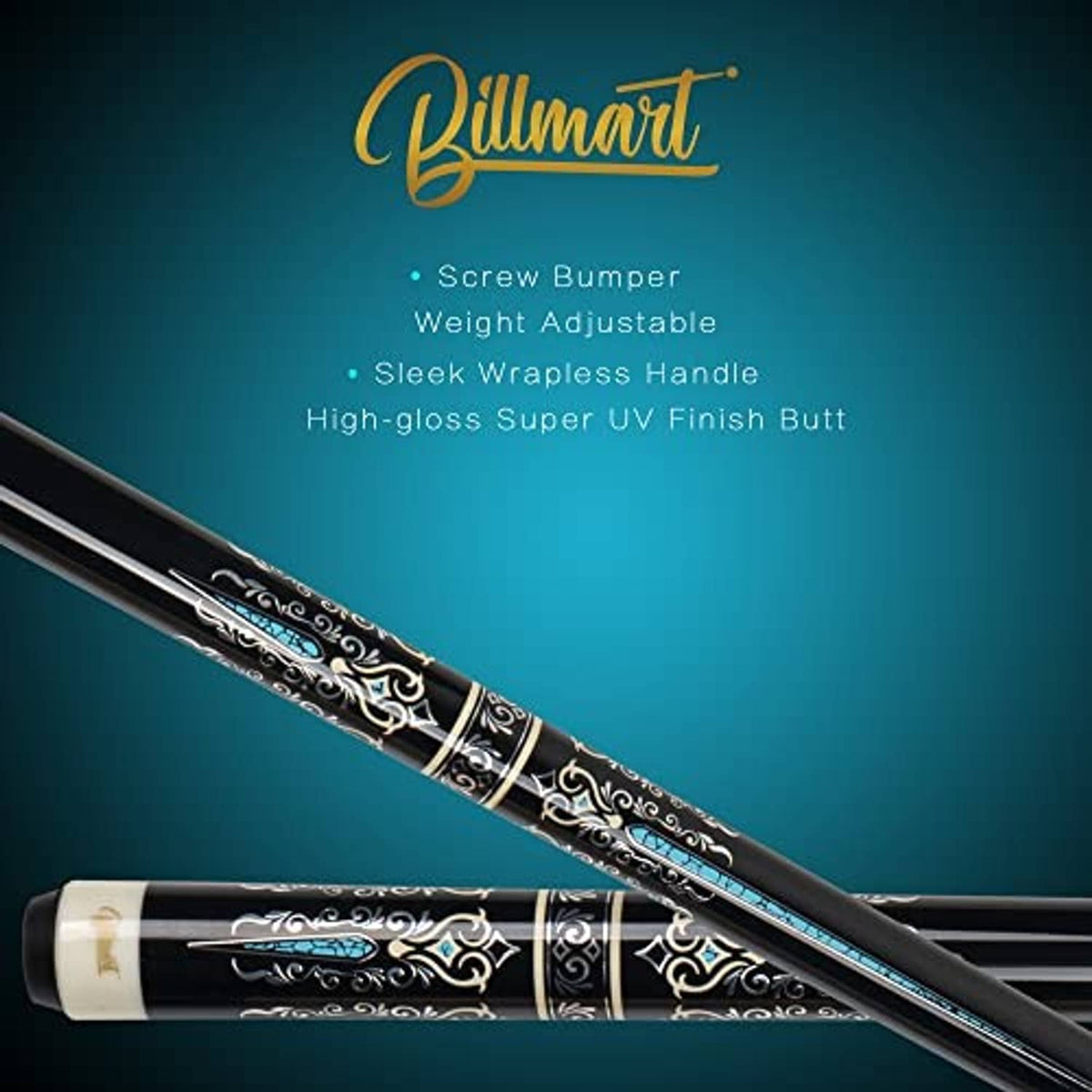 Black pool cue stick with ornate scroll design and blue accents along the shaft