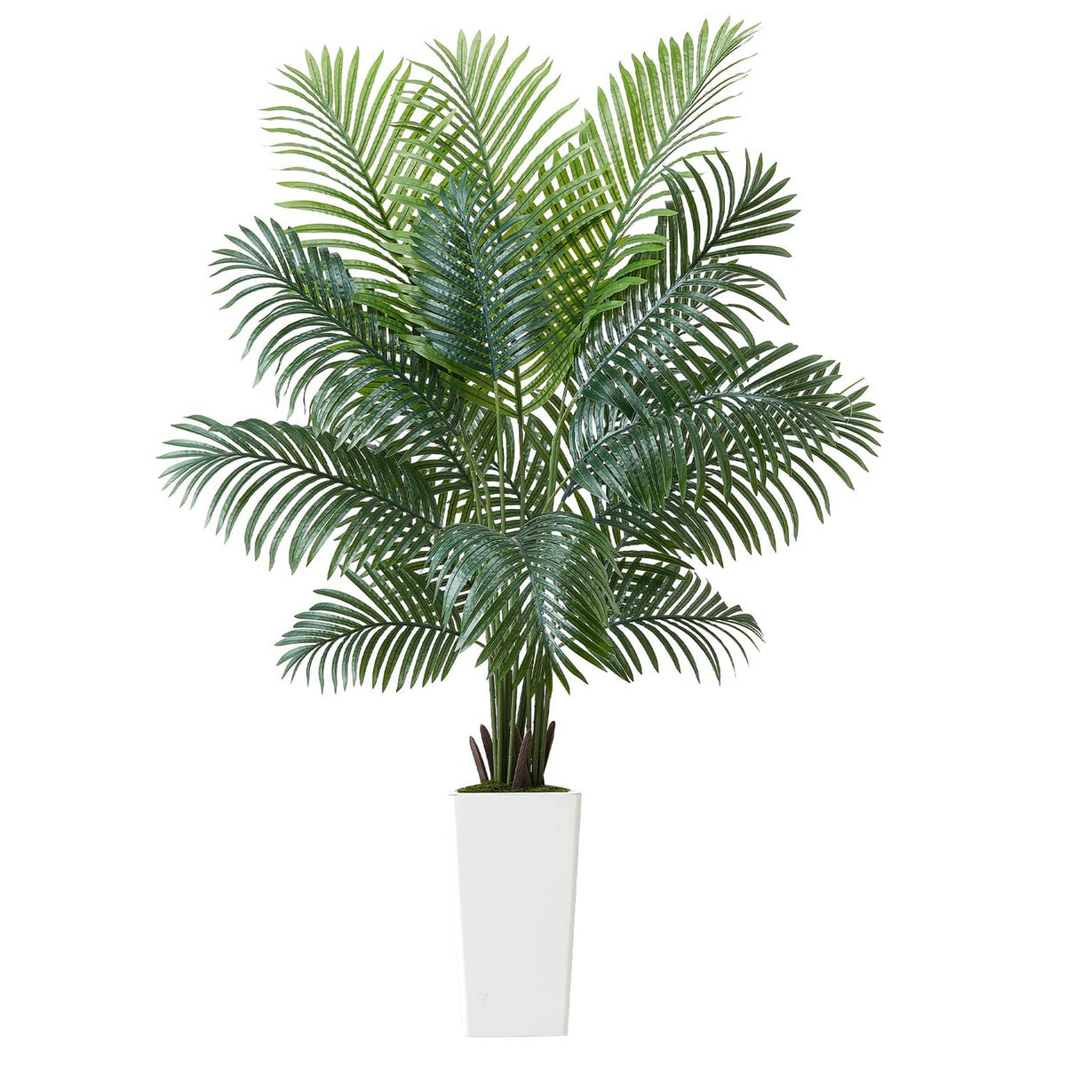 6ft artificial areca palm tree with green fronds in a white square planter pot