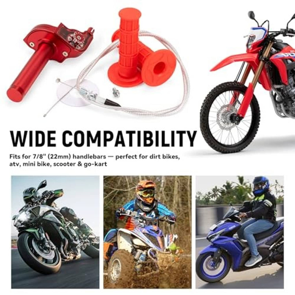 Red mini bike throttle kit set with twist lever, two grips, cable, and mounting hardware
