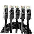 Black Cat6 Ethernet cable with RJ45 plugs, showing multiple connector ends and wiring.