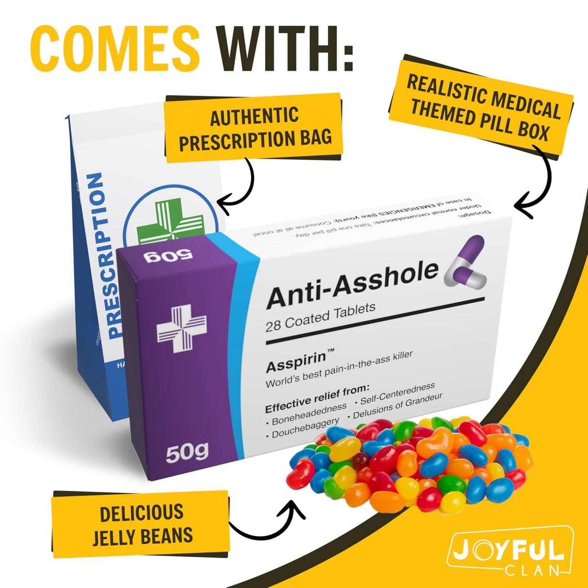 Funny joke pill box labeled "Anti-Asshole" with multicolor jelly beans at base