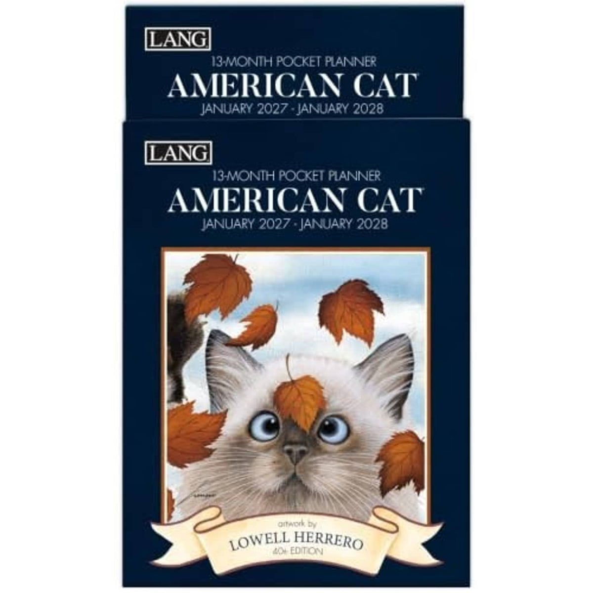 Pair of Lang 13-month pocket planners stacked, both showing navy American cat cover art