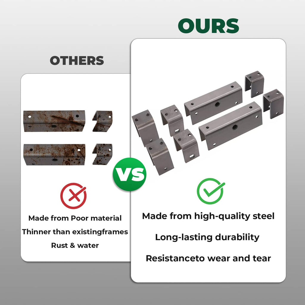 Trailer spring hanger kit with metal parts shown on a comparison chart