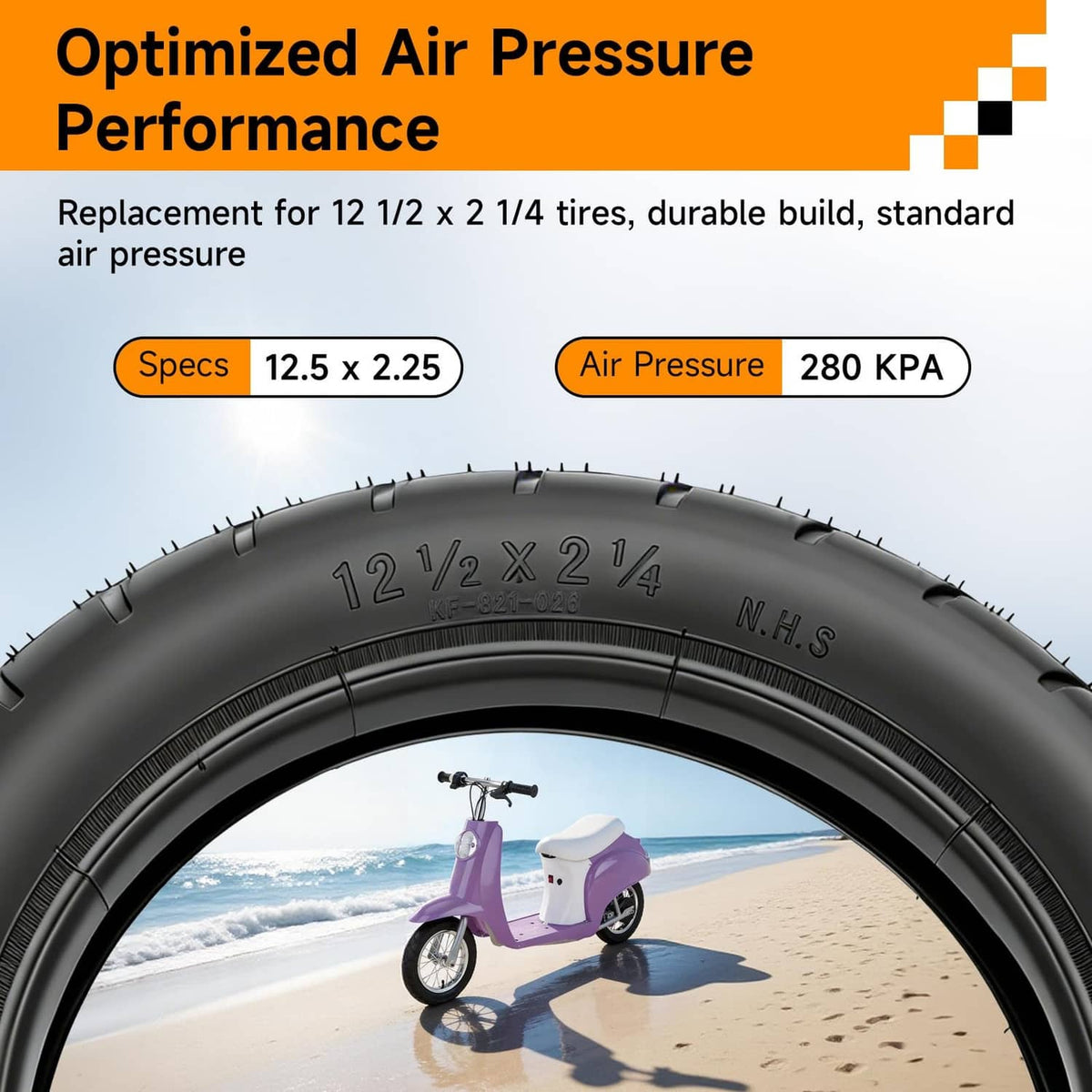Black 12.5x2.25 scooter tire with detailed tread pattern