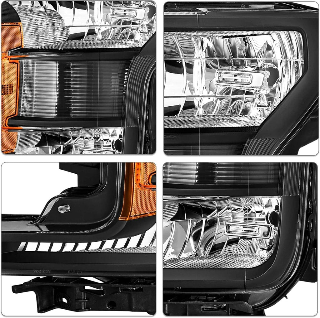 Close-up of black halogen headlight lens with clear reflector sections and amber accents