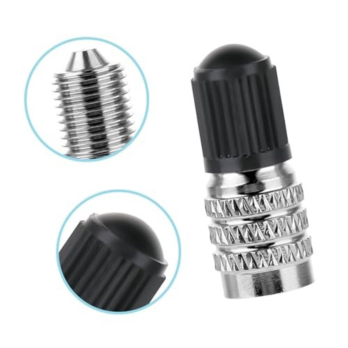 Single metal valve stem extension cap with black ribbed top and knurled grip