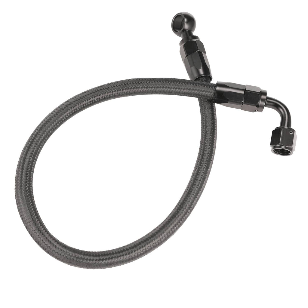 Braided fuel line hose with black elbow and connector fittings, plus protective sleeve.