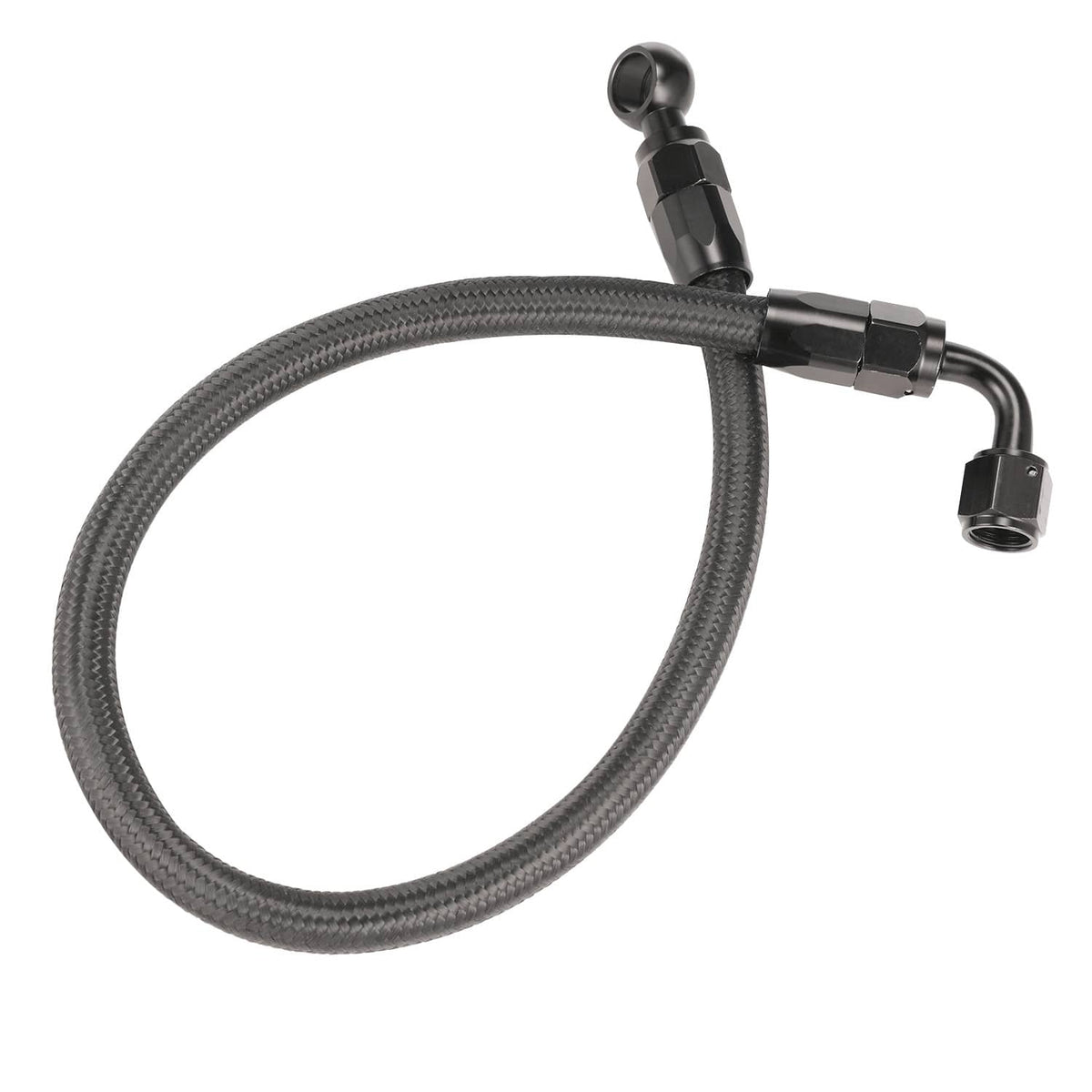 Braided fuel line hose with black elbow and connector fittings, plus protective sleeve.