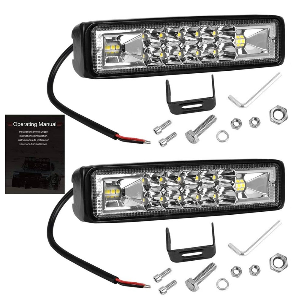 LED light bar kit with two lamps, wiring, mounting brackets, and screws with nuts