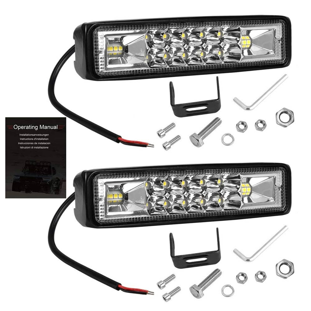 LED light bar kit with two lamps, wiring, mounting brackets, and screws with nuts