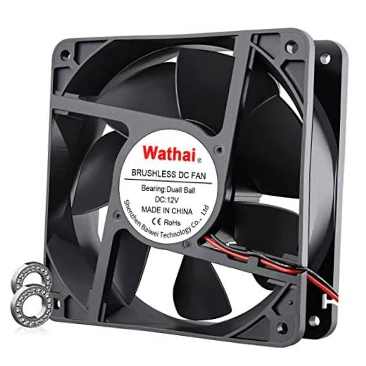 120mm black brushless DC cooling fan, 12V dual ball, 2-pin connector, red/black wires