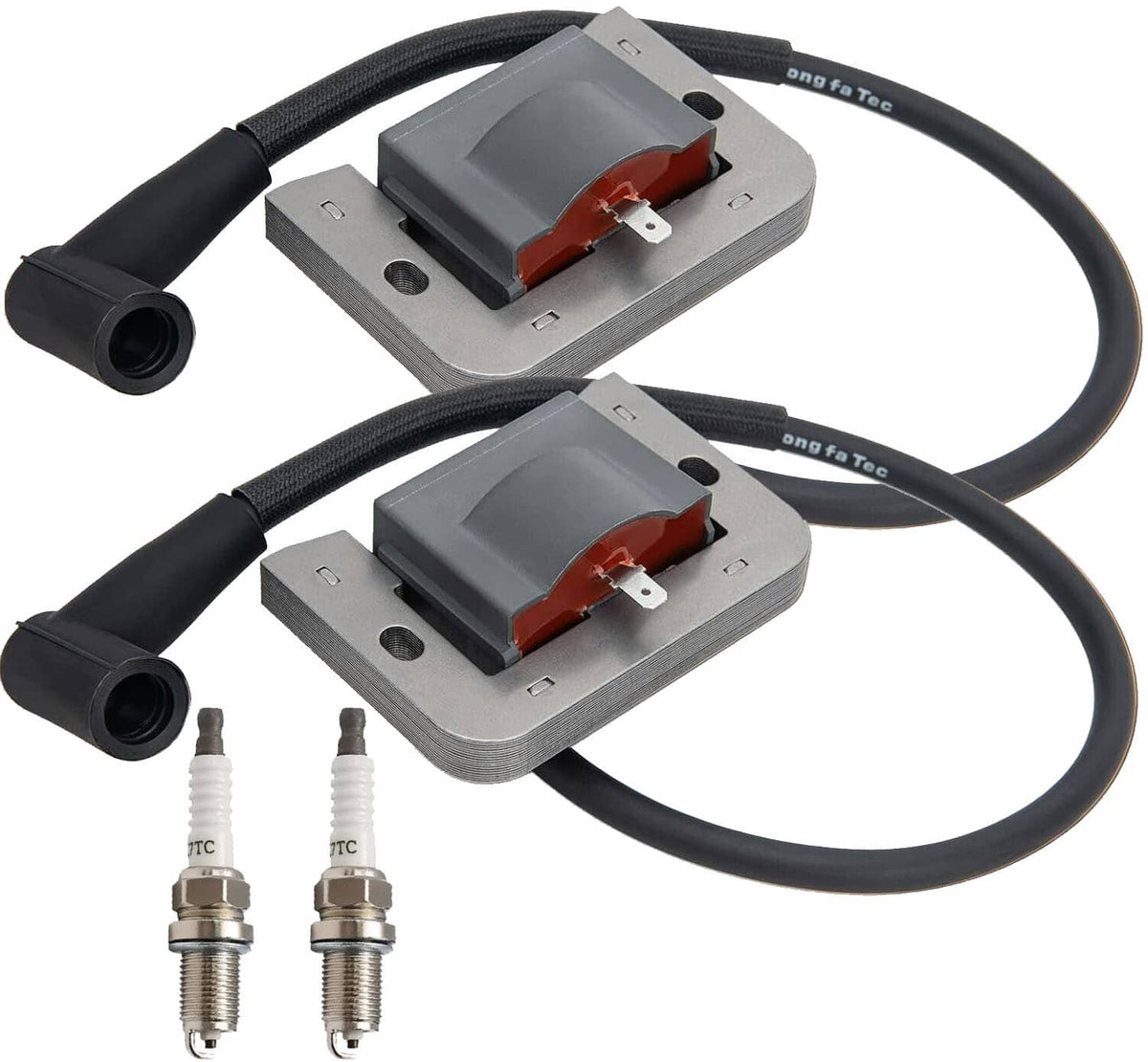 Ignition coil set with two gray modules, black boots, and two spark plugs