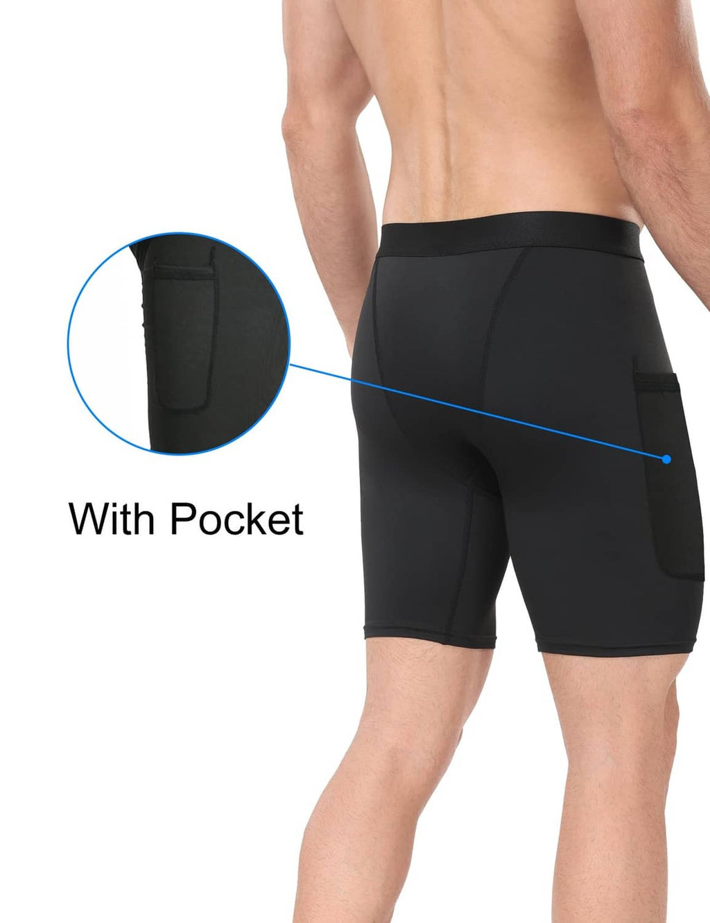 Men's black compression shorts with side pocket, smooth stretch paneling