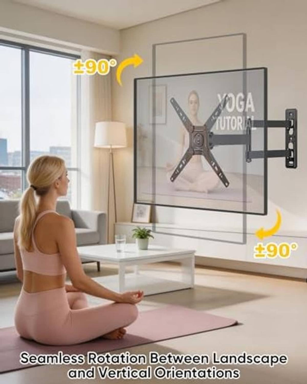 Black full-motion TV wall mount with adjustable arms holding a flat-screen TV on wall