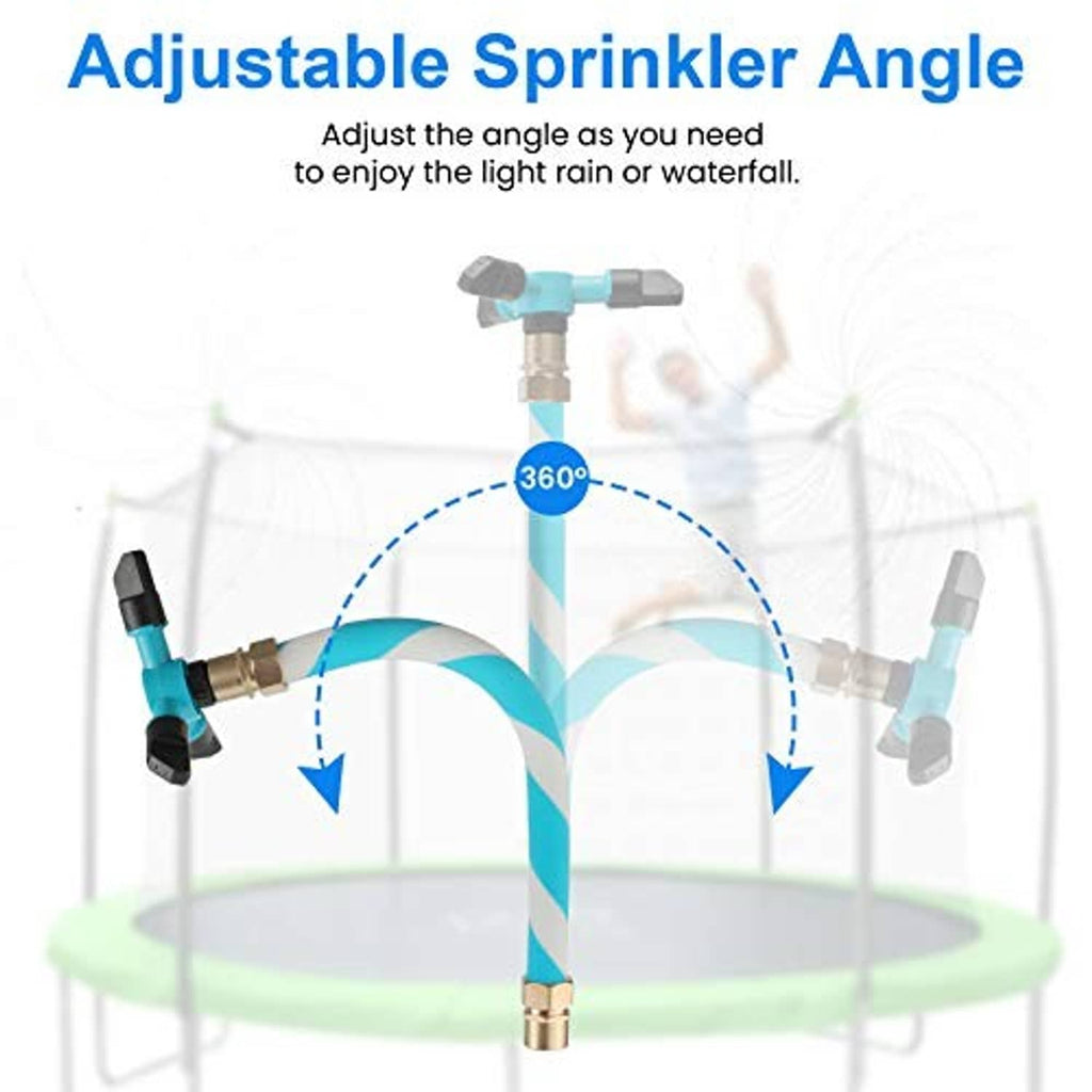 Adjustable 360 rotating trampoline sprinkler with blue nozzle heads and striped hose
