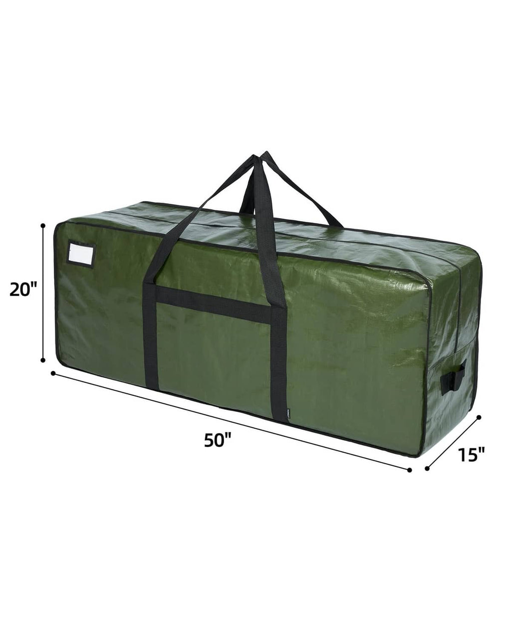 Olive green Christmas tree storage bag with strap handles and size measurements.