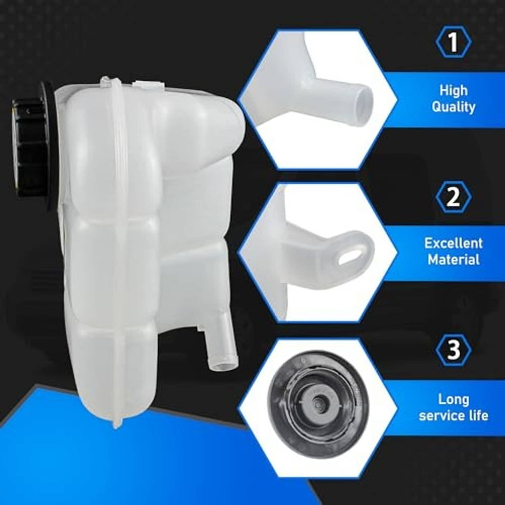 White coolant overflow reservoir tank with outlet fittings and mounting neck