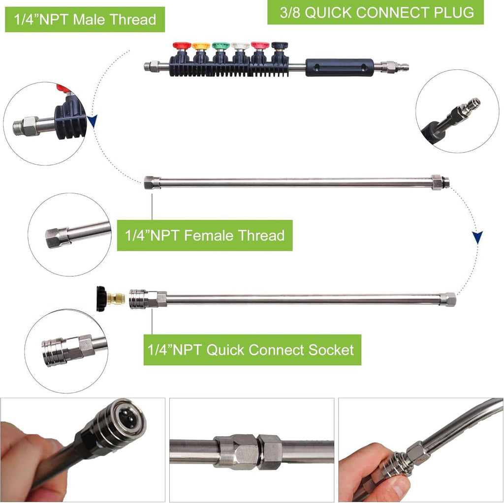 Pressure washer extension wand with quick-connect fittings and 1/4 NPT threaded ends