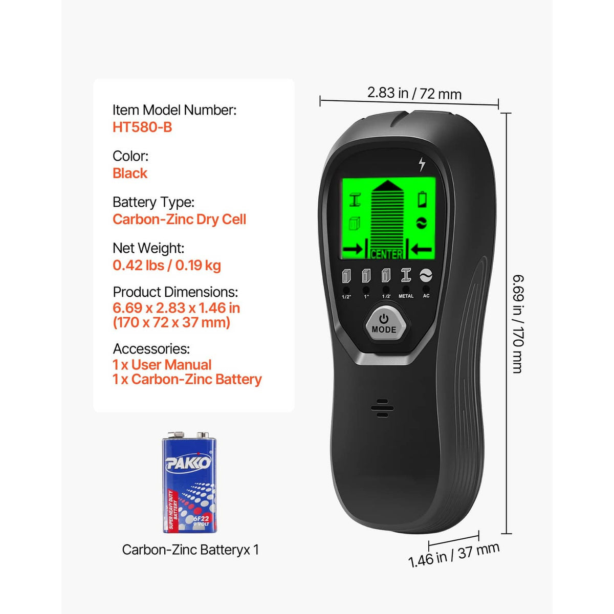 Black electronic wall scanner front view with model and dimension text panel