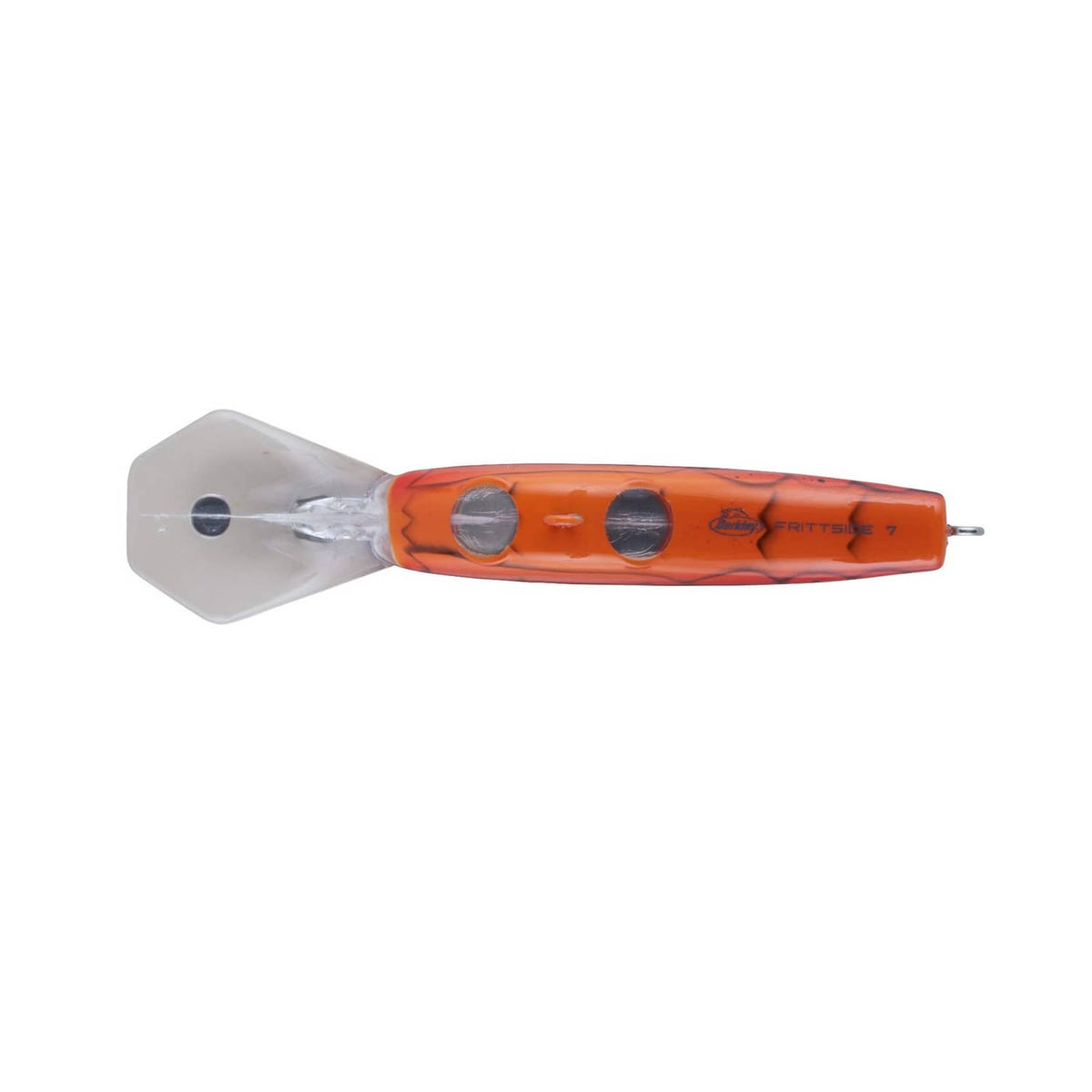 Crankbait fishing lure with orange body, black dots, and clear front lip