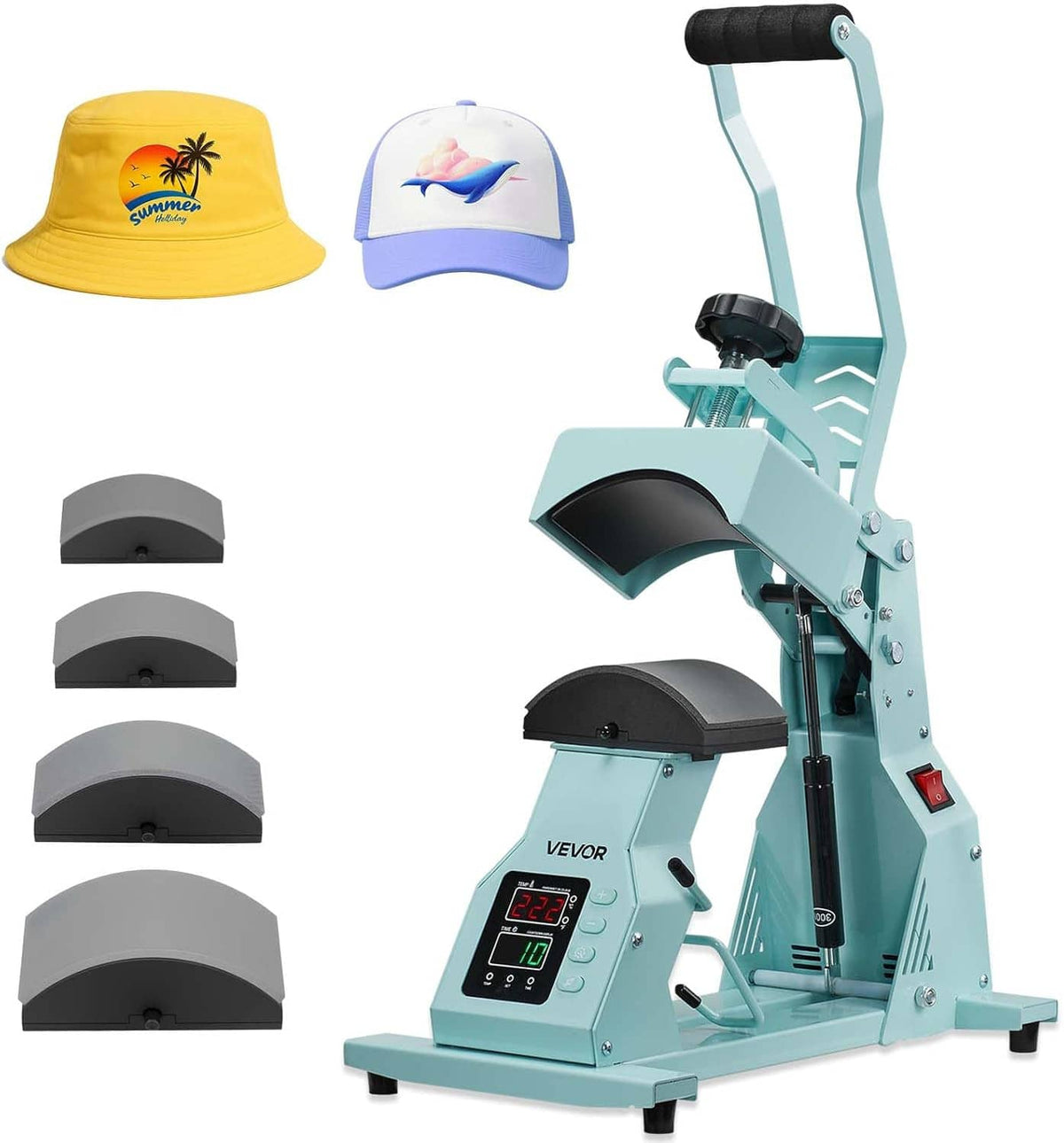 Hat heat press machine with curved platen, digital display, and interchangeable hat inserts