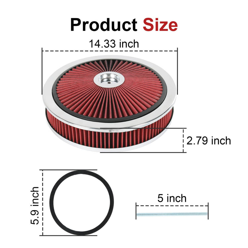 Round red air cleaner filter size diagram: 14.33 in diameter, 2.79 in height.