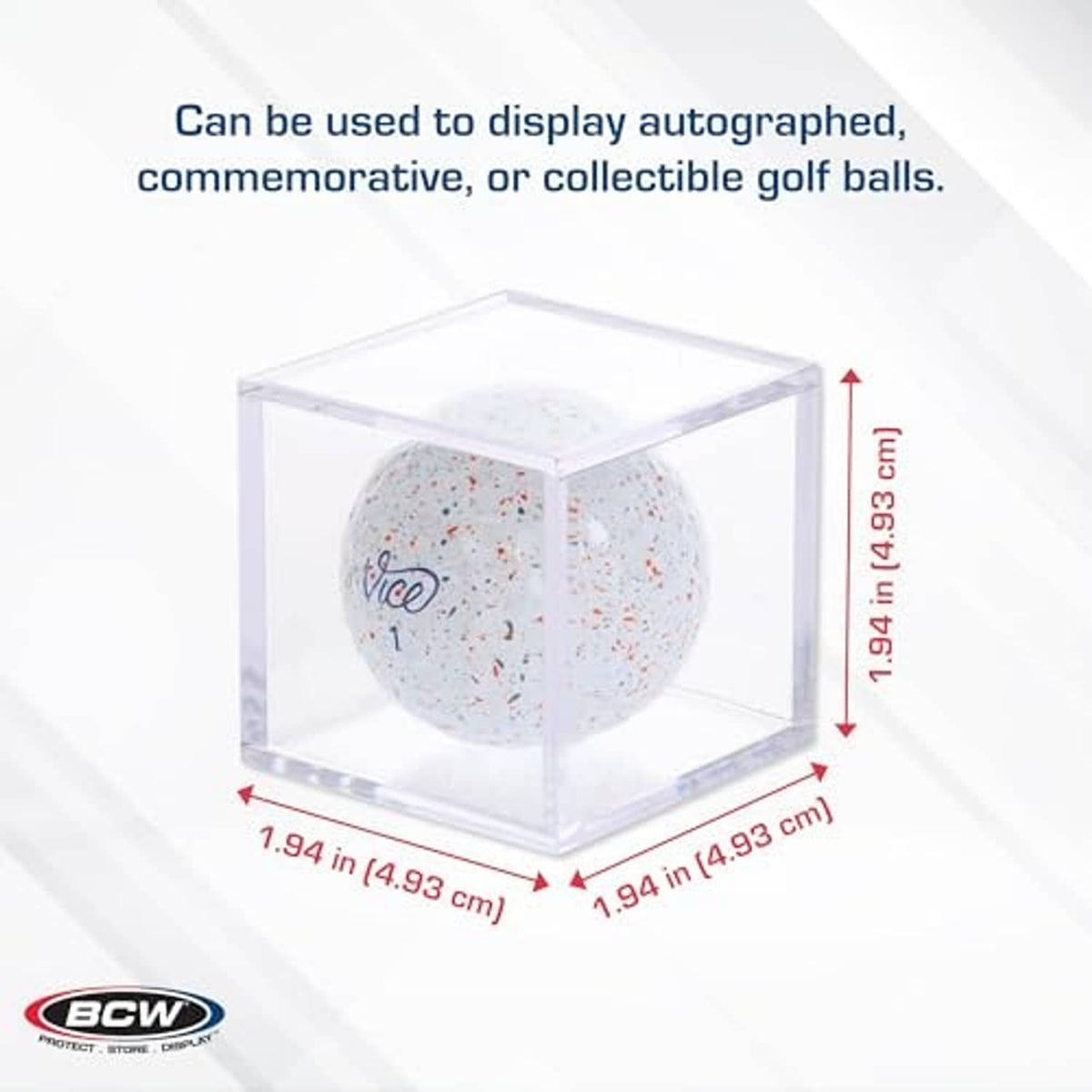 Clear square cube golf ball display case with one golf ball inside
