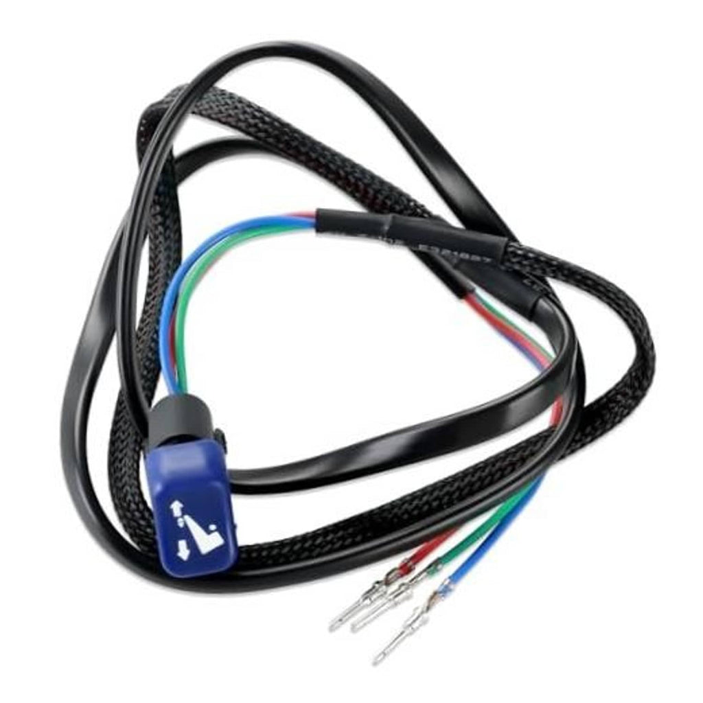 Black braided outboard tilt switch wire harness with blue connector and multi-color leads