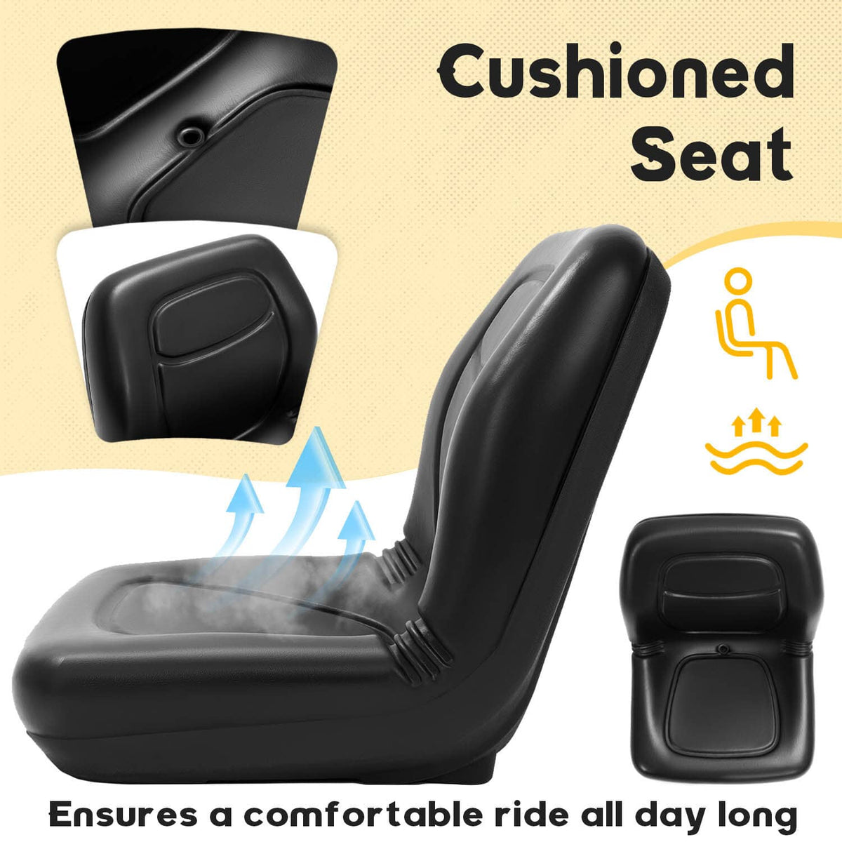 Black cushioned seat with molded seat back panel and side adjustment ribs
