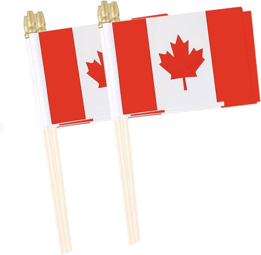 Set of small Canada mini stick flags, red and white with maple leaf on wooden poles