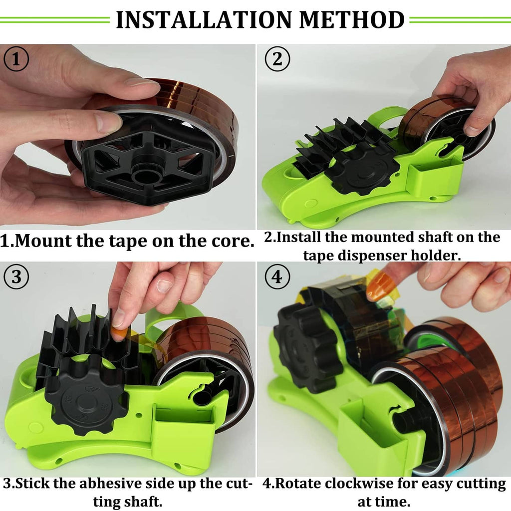 Neon green tape dispenser with brown tape roll mounted, showing hands installing core