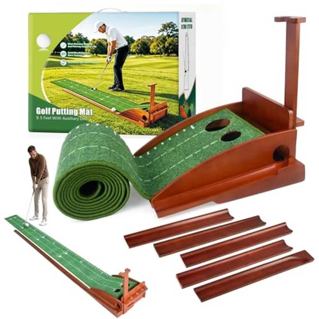 Indoor putting green mat with rolled turf, brown wooden auto ball return track and rails