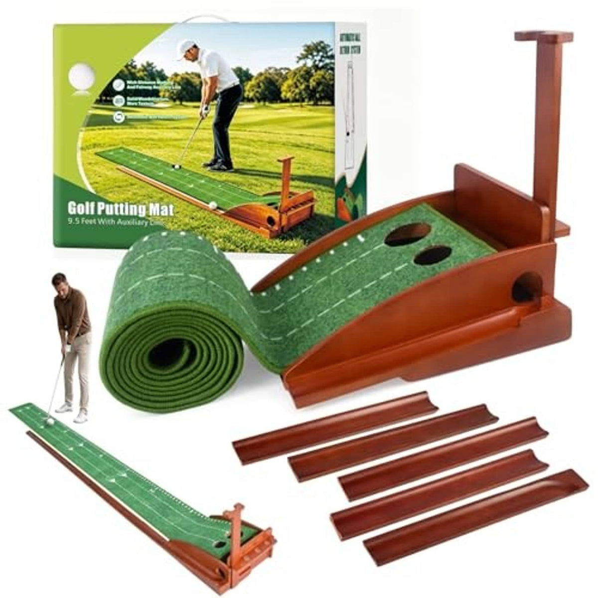 Indoor putting green mat with rolled turf, brown wooden auto ball return track and rails