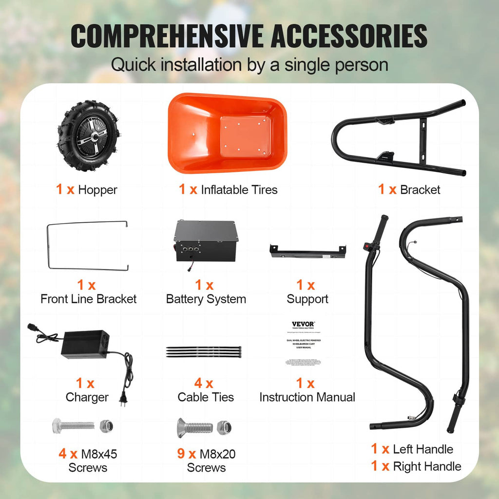 Electric wheelbarrow cart accessory set layout with hopper, battery system, bracket, and support