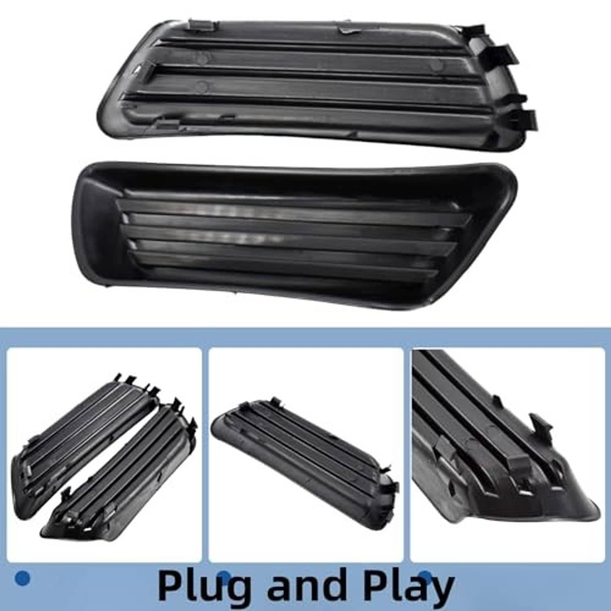 Front and back view of black fog light lamp cover with horizontal slats
