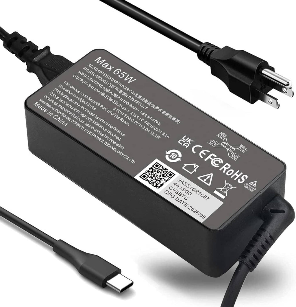 65W USB-C laptop charger adapter, black with USB-C plug and AC power prongs
