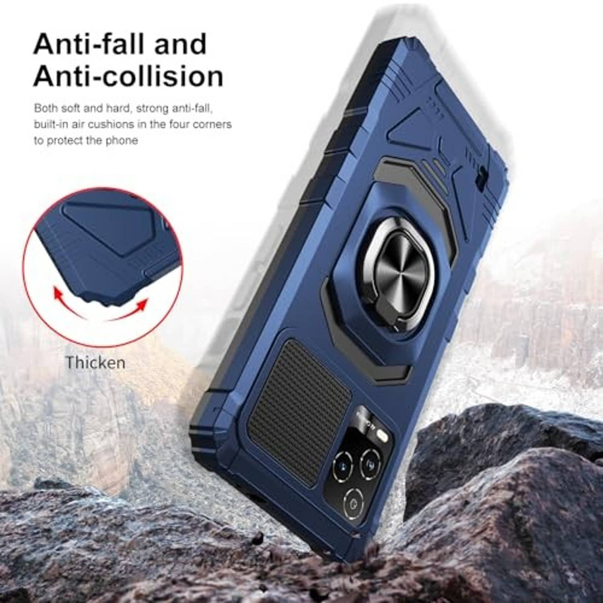 Blue rugged phone case with ring kickstand and reinforced corner shock protection