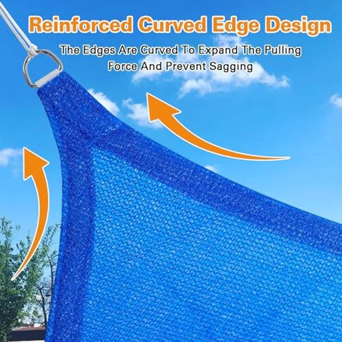 Blue sun shade sail close-up showing curved reinforced edge and textured fabric weave.