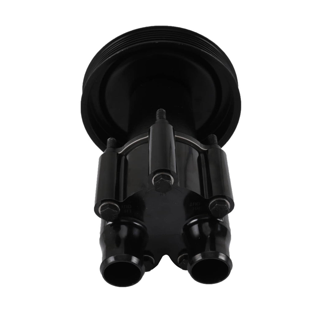 Black raw water pump with pulley face and two outlet ports