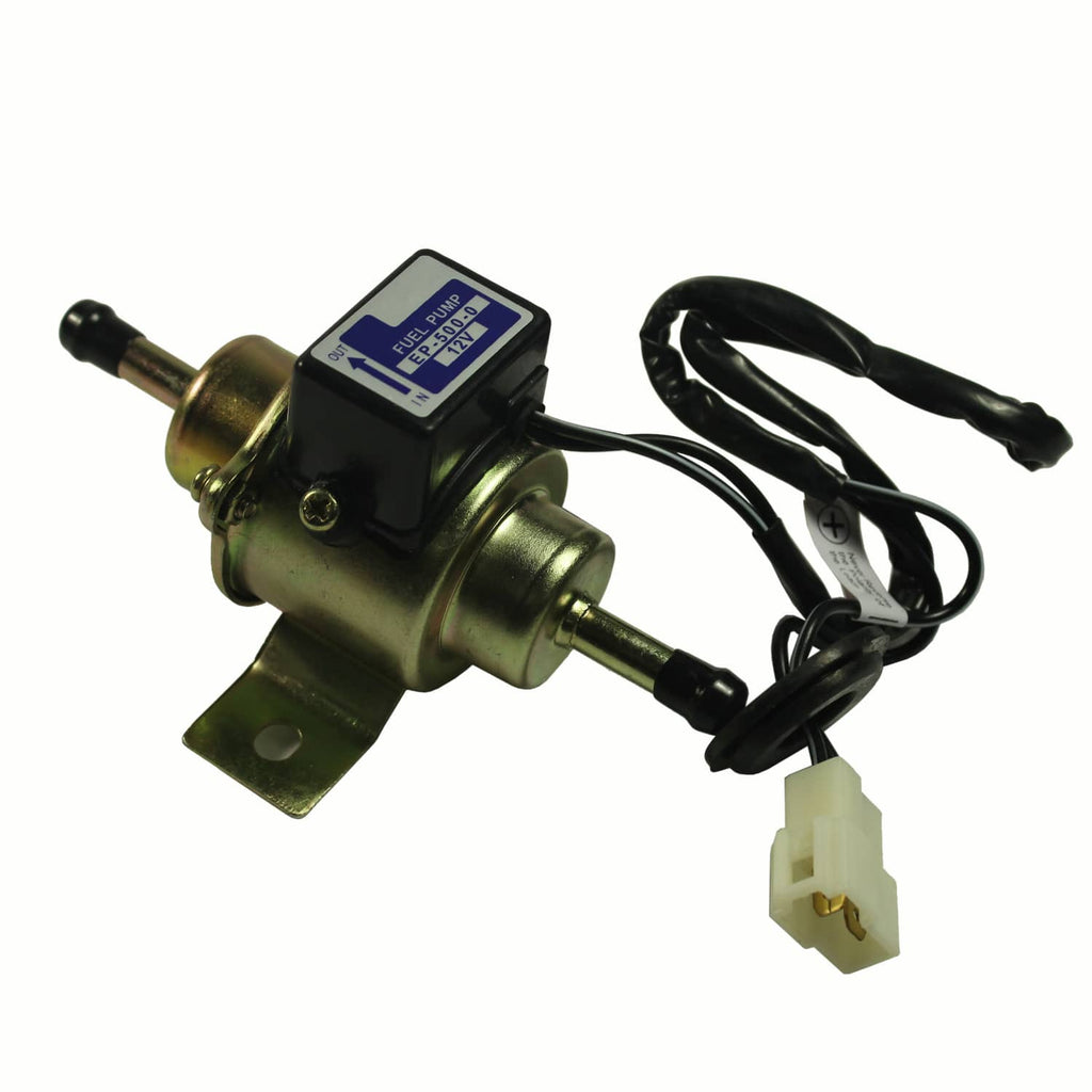 Electric fuel pump with gold metal body, black cables, and white electrical plug