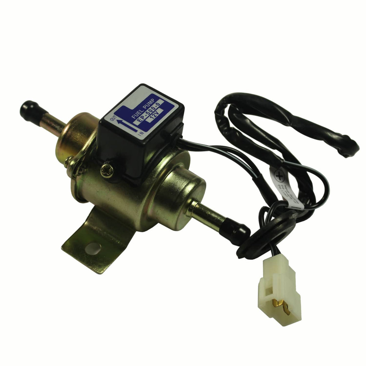 Electric fuel pump with gold metal body, black cables, and white electrical plug