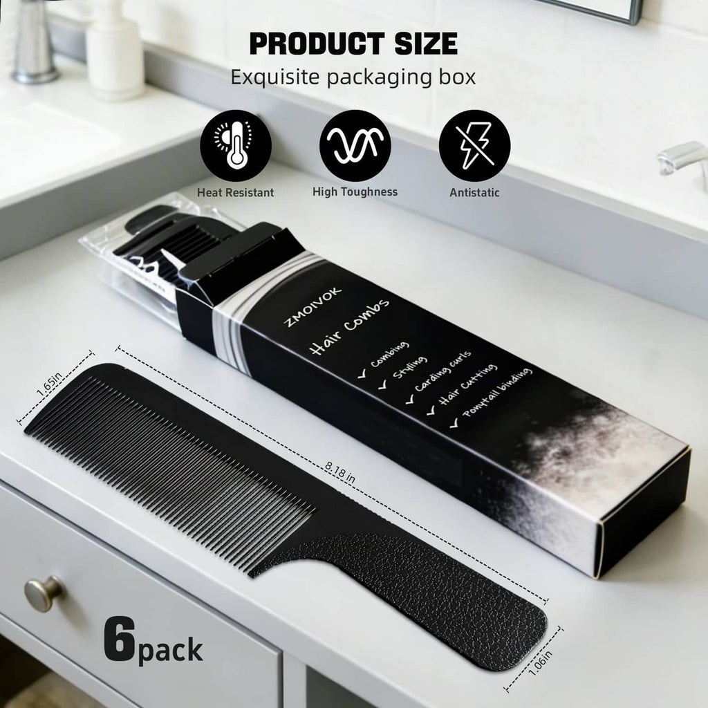 6-pack of black barber combs in a display box, with textured non-slip handles