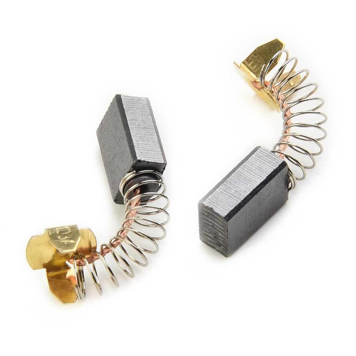 Pair of black carbon brushes with gold spring terminals and copper wire