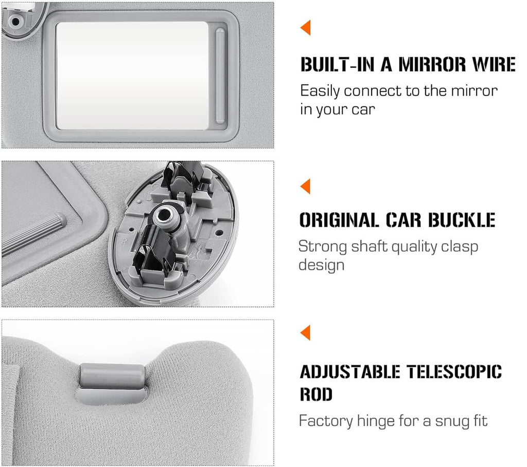 Light gray sun visor close-ups showing mirror opening and telescopic hinge area