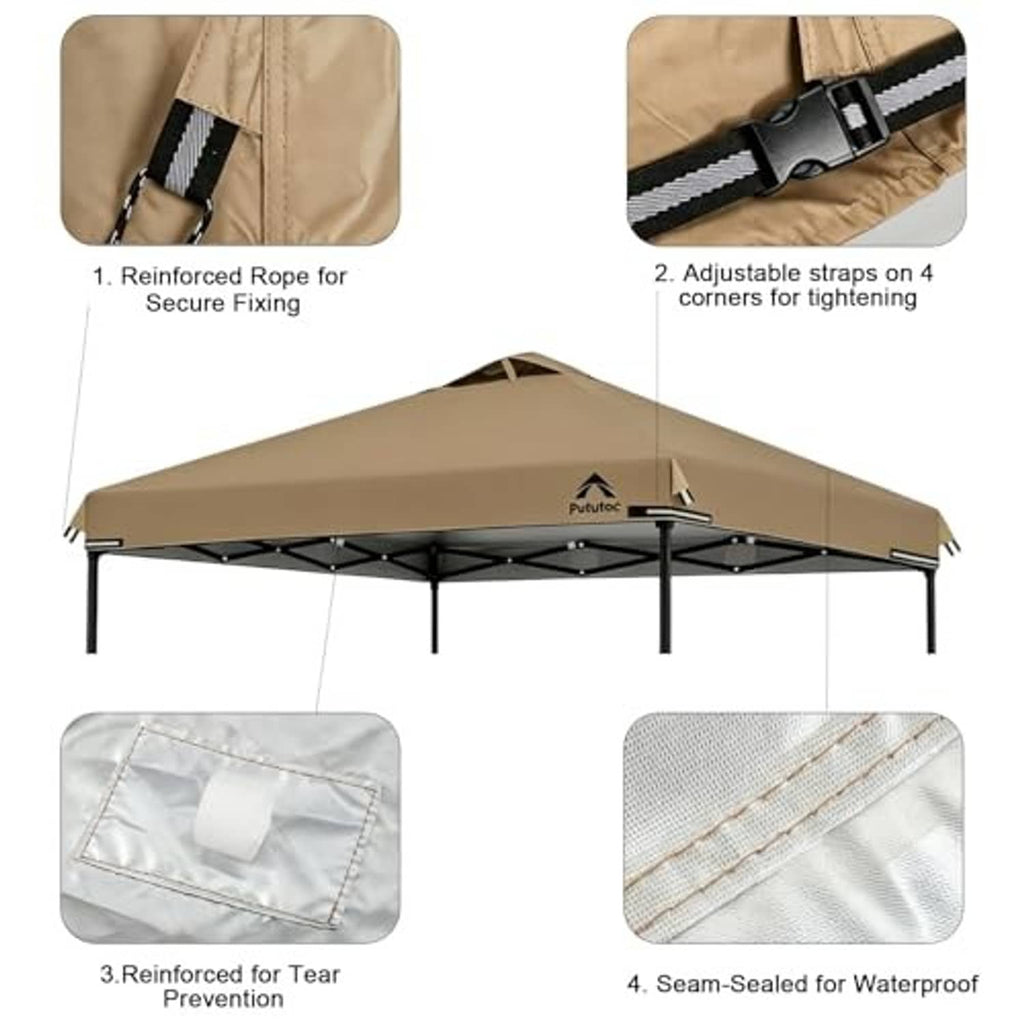 Khaki canopy top cover with reinforced straps, tear-resistant stitching, and waterproof seams