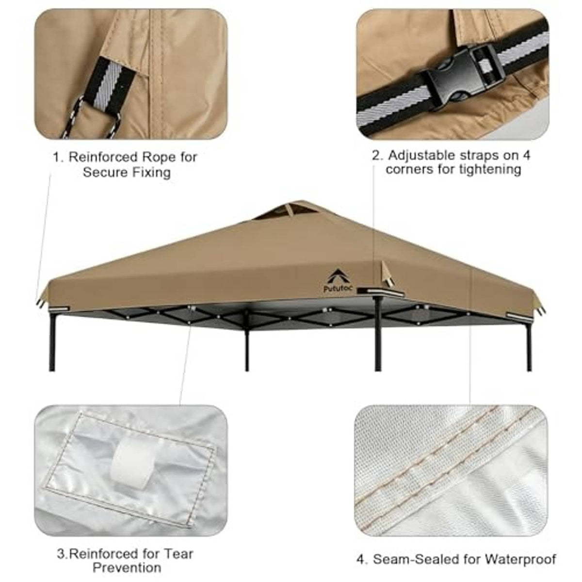 Khaki canopy top cover with reinforced straps, tear-resistant stitching, and waterproof seams