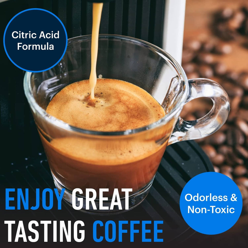 Coffee machine descaler pour concept into coffee cup, citric acid formula callout